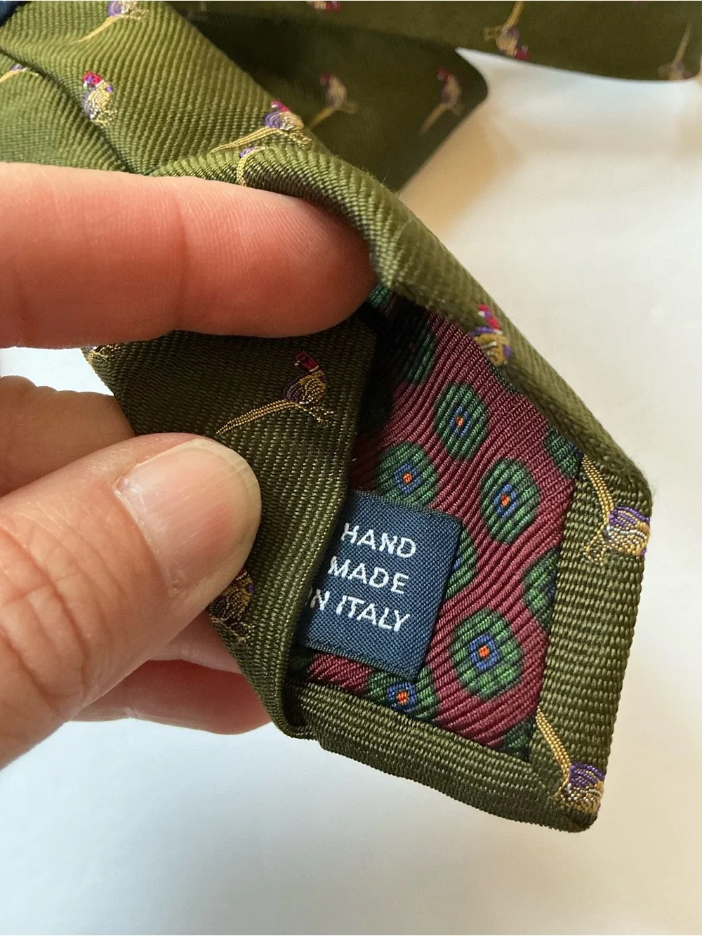 Polo Ralph Lauren Green Silk Necktie, Pheasants, Hunting, Made in Italy